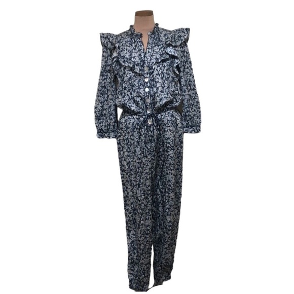 NWOT Veronica Beard Tanay Jumpsuit Size 10 Blue Ruffle Abstract Print - Picture 1 of 14